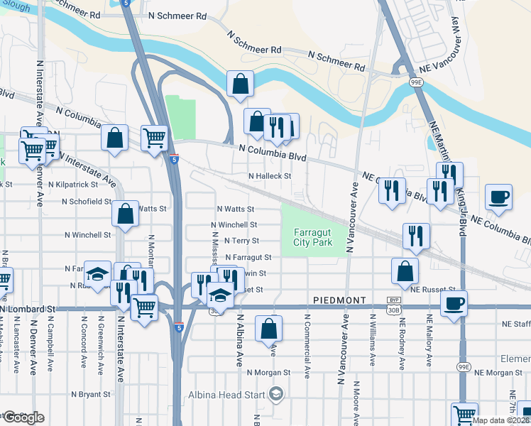 map of restaurants, bars, coffee shops, grocery stores, and more near 620 North Winchell Street in Portland