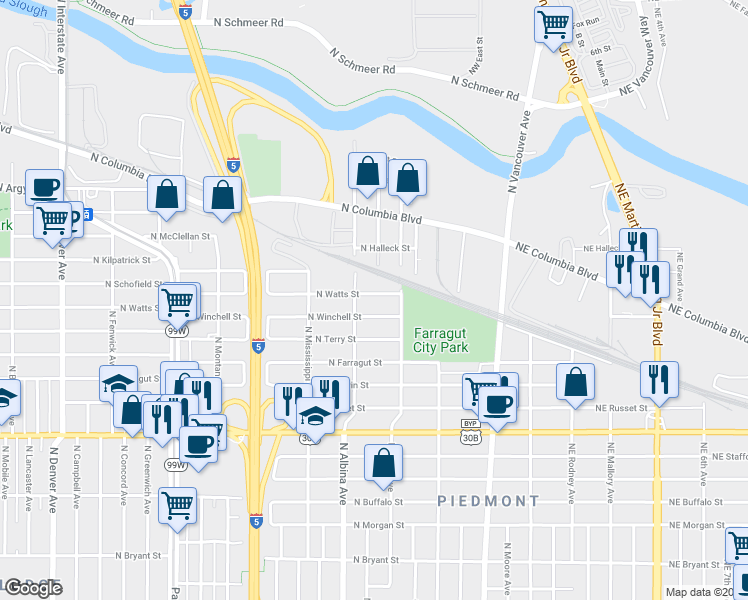 map of restaurants, bars, coffee shops, grocery stores, and more near 620 North Winchell Street in Portland