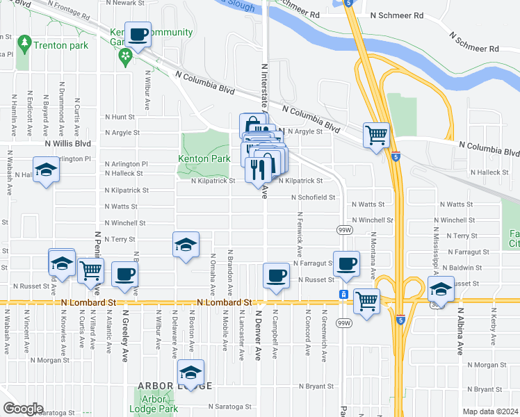 map of restaurants, bars, coffee shops, grocery stores, and more near 7910 North Denver Avenue in Portland