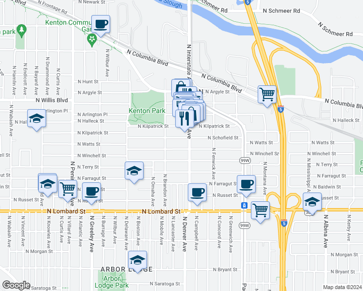 map of restaurants, bars, coffee shops, grocery stores, and more near 2047 North Winchell Street in Portland