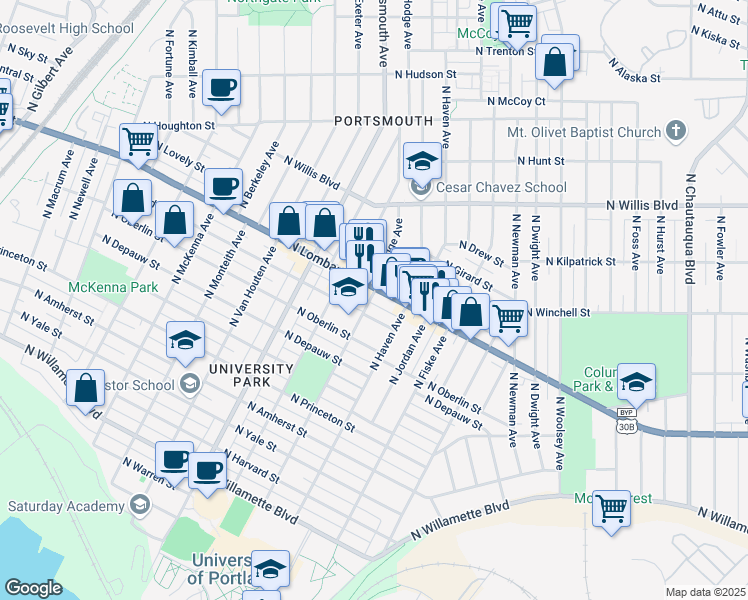map of restaurants, bars, coffee shops, grocery stores, and more near 7459 North Haven Avenue in Portland