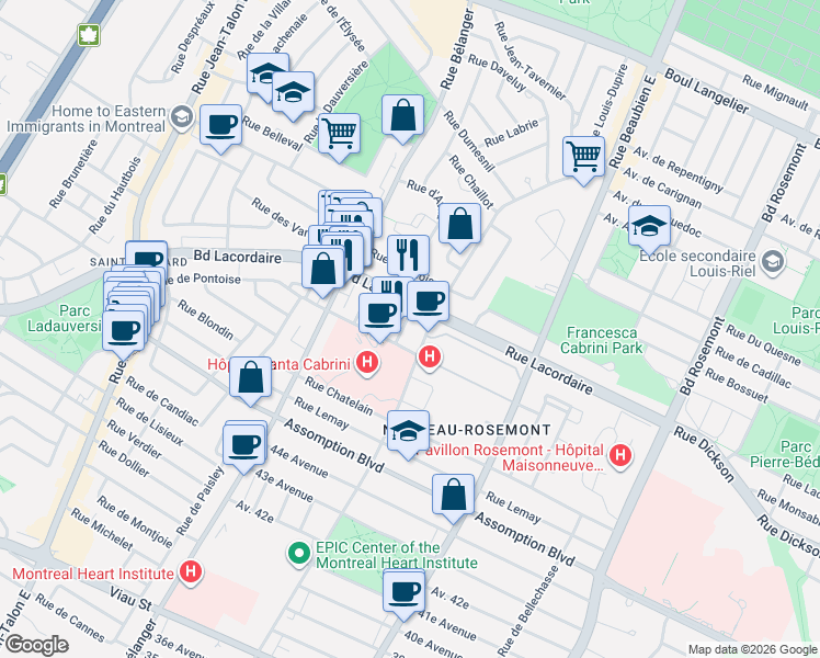 map of restaurants, bars, coffee shops, grocery stores, and more near 5842 Rue Brossard in Montréal