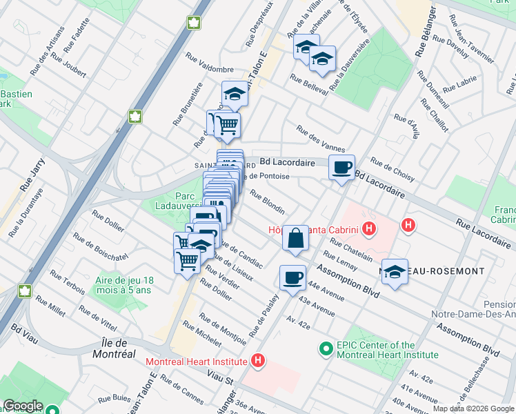 map of restaurants, bars, coffee shops, grocery stores, and more near 7237 Rue Beauchesne in Montréal