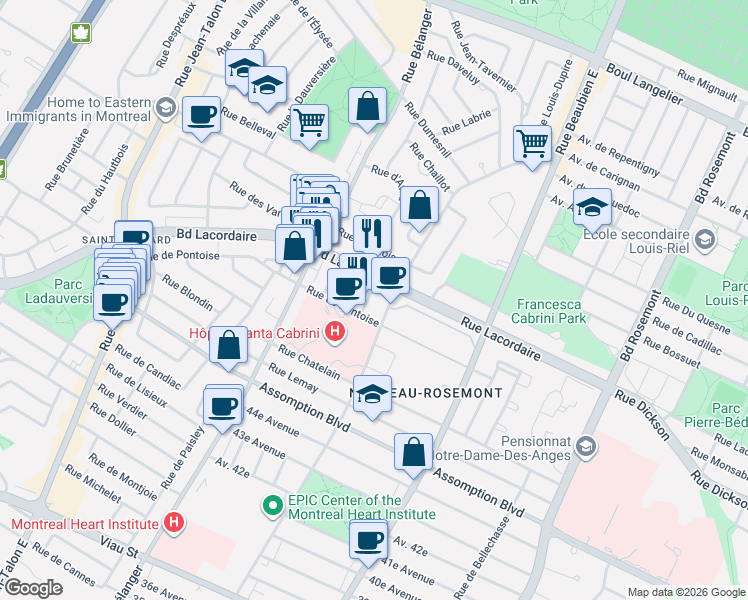 map of restaurants, bars, coffee shops, grocery stores, and more near 5844 Rue Brossard in Montréal