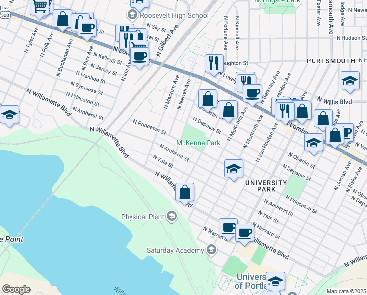 map of restaurants, bars, coffee shops, grocery stores, and more near 6407 North Princeton Street in Portland