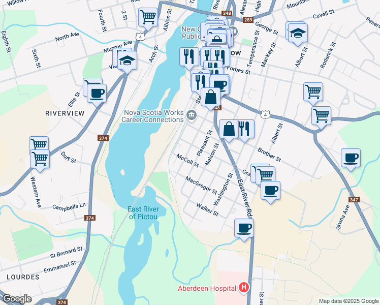 map of restaurants, bars, coffee shops, grocery stores, and more near 458 Macdonald Street in New Glasgow