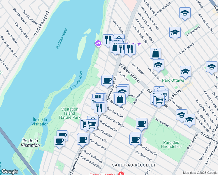 map of restaurants, bars, coffee shops, grocery stores, and more near 2865 Boulevard Henri-Bourassa Est in Montréal