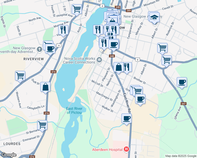 map of restaurants, bars, coffee shops, grocery stores, and more near 456 Macdonald Street in New Glasgow