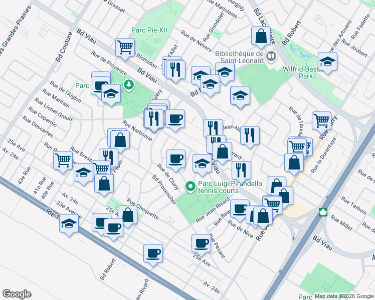 map of restaurants, bars, coffee shops, grocery stores, and more near 8520 Rue d'Artagnan in Montréal