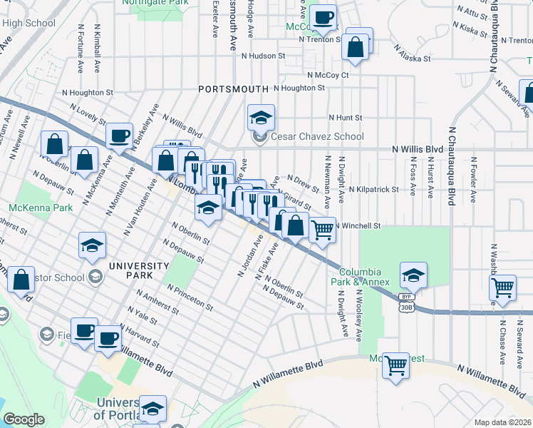 map of restaurants, bars, coffee shops, grocery stores, and more near 7709 North Haven Avenue in Portland