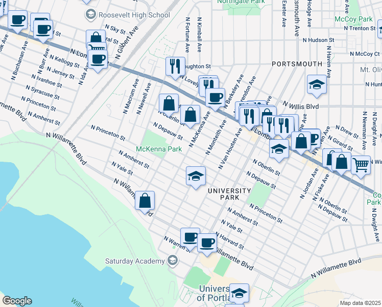 map of restaurants, bars, coffee shops, grocery stores, and more near 7305 North McKenna Avenue in Portland