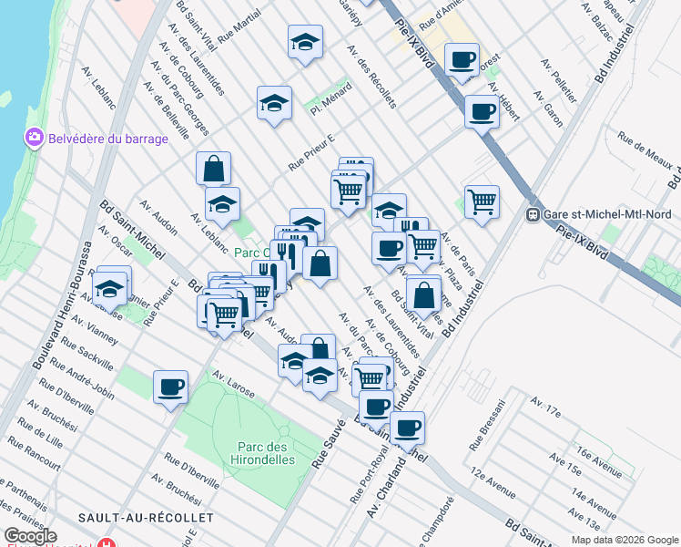 map of restaurants, bars, coffee shops, grocery stores, and more near in Montreal