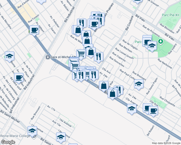 map of restaurants, bars, coffee shops, grocery stores, and more near 4161 48e Rue in Montréal