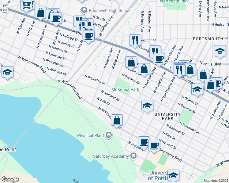 map of restaurants, bars, coffee shops, grocery stores, and more near 7036 North Westanna Avenue in Portland