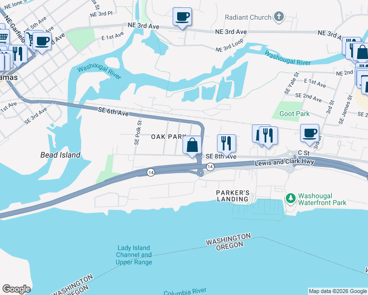 map of restaurants, bars, coffee shops, grocery stores, and more near 704 Southeast Tampa Street in Camas