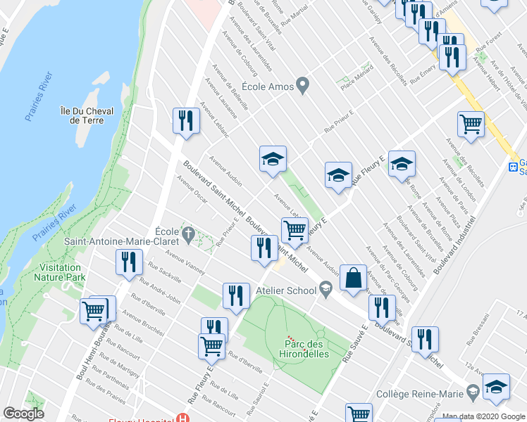map of restaurants, bars, coffee shops, grocery stores, and more near 10468 Avenue Audoin in Montréal