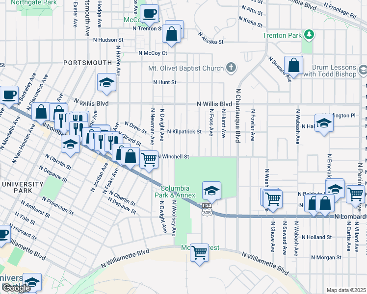 map of restaurants, bars, coffee shops, grocery stores, and more near 8102 North Dana Avenue in Portland