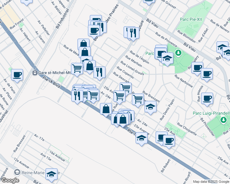 map of restaurants, bars, coffee shops, grocery stores, and more near 9073 25e Av in Montréal