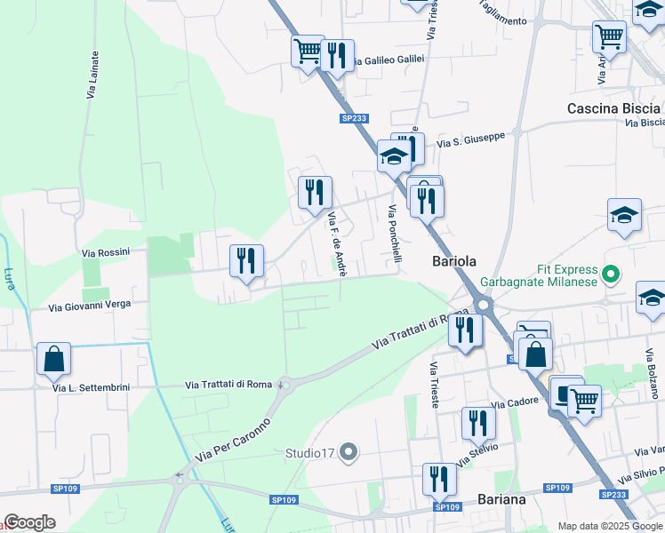 map of restaurants, bars, coffee shops, grocery stores, and more near 208 Via Fabrizio de Andrè in Caronno Pertusella