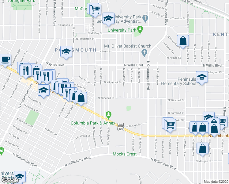 map of restaurants, bars, coffee shops, grocery stores, and more near 7939 North Dana Avenue in Portland