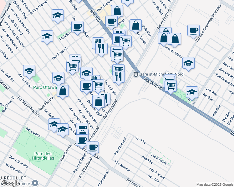 map of restaurants, bars, coffee shops, grocery stores, and more near in Montreal