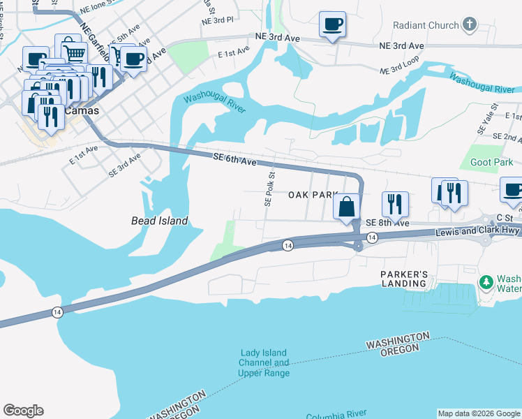 map of restaurants, bars, coffee shops, grocery stores, and more near 1718 Southeast 7th Avenue in Camas
