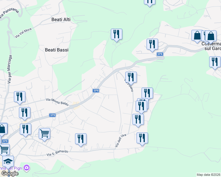 map of restaurants, bars, coffee shops, grocery stores, and more near 18 Via Vittorio Monese in Garda