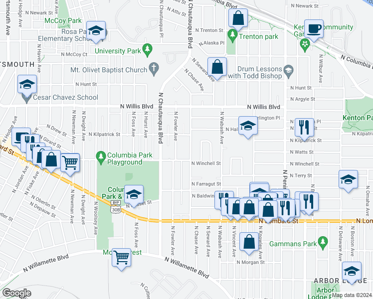 map of restaurants, bars, coffee shops, grocery stores, and more near 7937 North Washburne Avenue in Portland