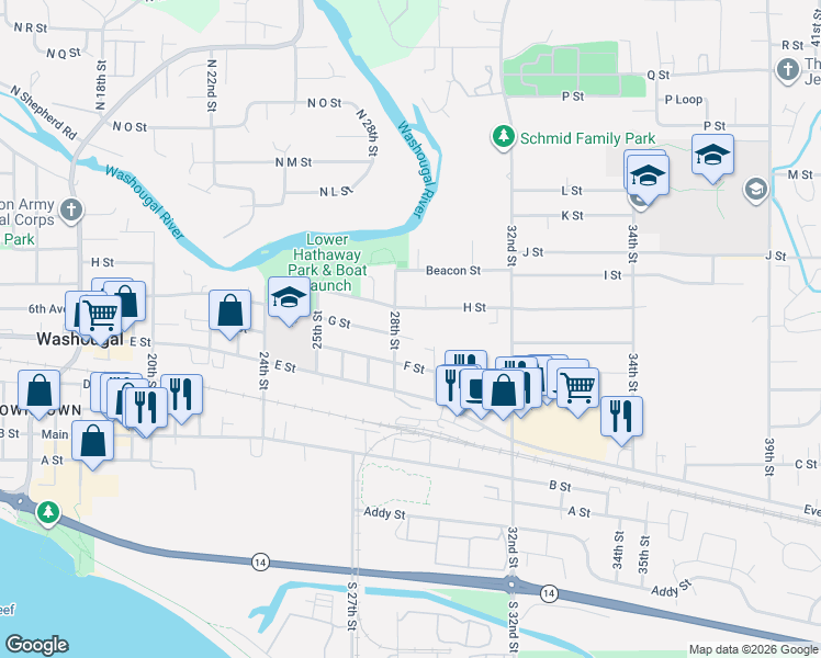 map of restaurants, bars, coffee shops, grocery stores, and more near 740 28th Street in Washougal