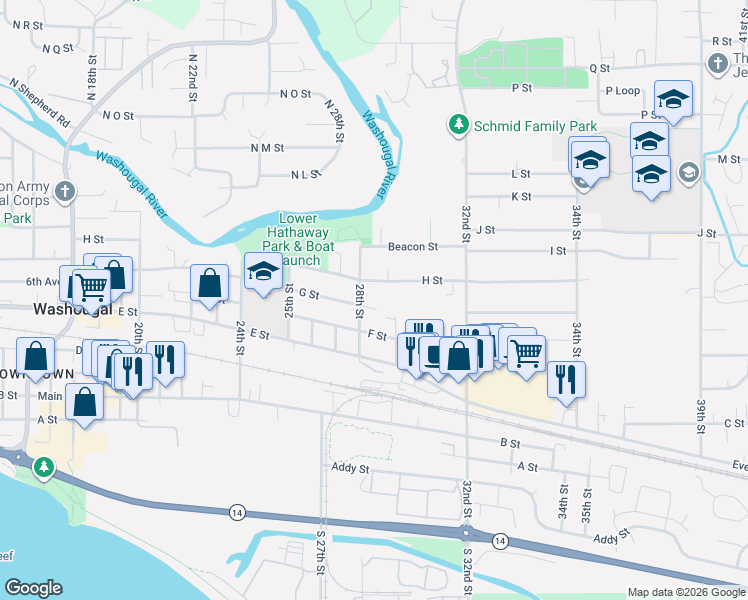 map of restaurants, bars, coffee shops, grocery stores, and more near 2821 G Drive in Washougal