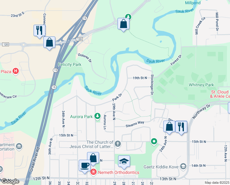 map of restaurants, bars, coffee shops, grocery stores, and more near 2753 Park Drive in St. Cloud