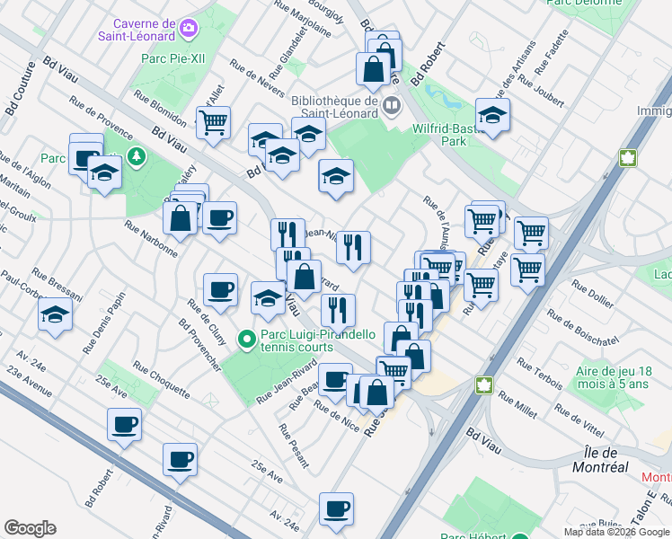 map of restaurants, bars, coffee shops, grocery stores, and more near 8346 Rue de Pontmain in Montréal