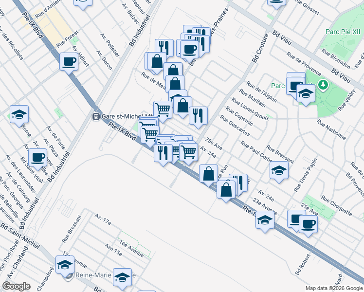 map of restaurants, bars, coffee shops, grocery stores, and more near 4171 48e Rue in Montréal