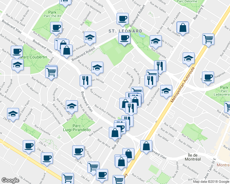 map of restaurants, bars, coffee shops, grocery stores, and more near 4962 Rue Jean-Rivard in Montréal