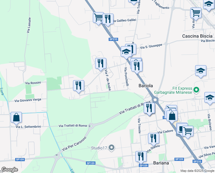 map of restaurants, bars, coffee shops, grocery stores, and more near 208 Via F. de Andrè in Caronno Pertusella