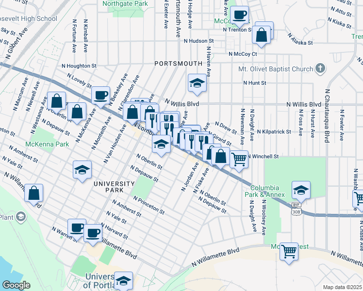 map of restaurants, bars, coffee shops, grocery stores, and more near 7616 North Hodge Avenue in Portland