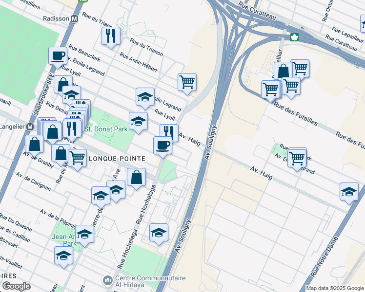 map of restaurants, bars, coffee shops, grocery stores, and more near 2425 Rue Arcand in Montréal