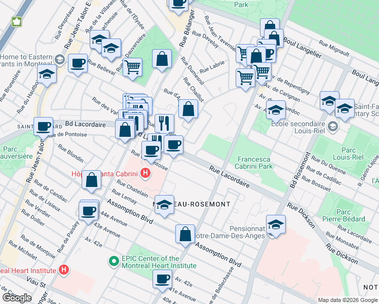 map of restaurants, bars, coffee shops, grocery stores, and more near 6647 Rue Lacordaire in Montréal