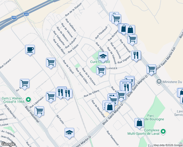 map of restaurants, bars, coffee shops, grocery stores, and more near 435 Rue Renaud Ouest in Laval