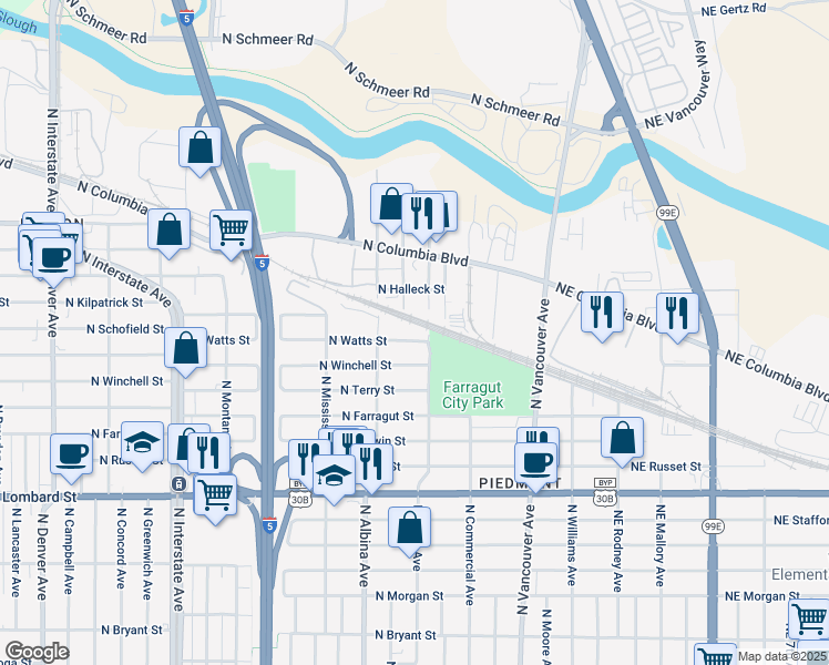 map of restaurants, bars, coffee shops, grocery stores, and more near 8009 North Kerby Avenue in Portland