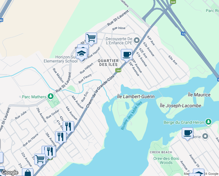 map of restaurants, bars, coffee shops, grocery stores, and more near 83 Chemin des Îles-Yale in Saint-Eustache