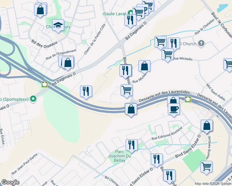 map of restaurants, bars, coffee shops, grocery stores, and more near 2710 Rue Michelin in Laval