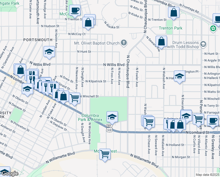 map of restaurants, bars, coffee shops, grocery stores, and more near 8005 North Foss Avenue in Portland