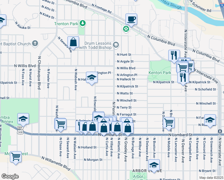 map of restaurants, bars, coffee shops, grocery stores, and more near 8204 North Peninsular Avenue in Portland