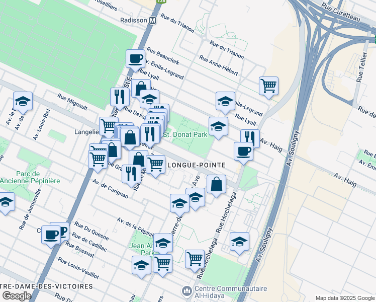 map of restaurants, bars, coffee shops, grocery stores, and more near Avenue Parkville in Montréal