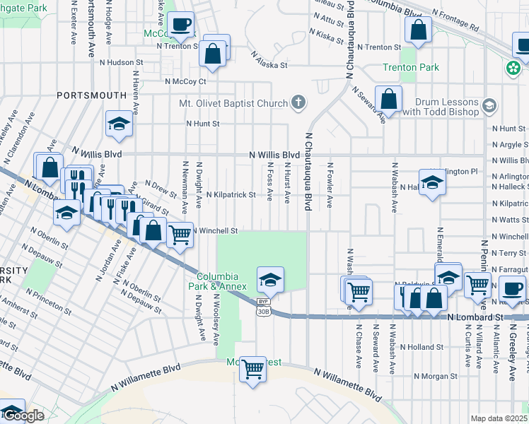 map of restaurants, bars, coffee shops, grocery stores, and more near 8005 North Foss Avenue in Portland