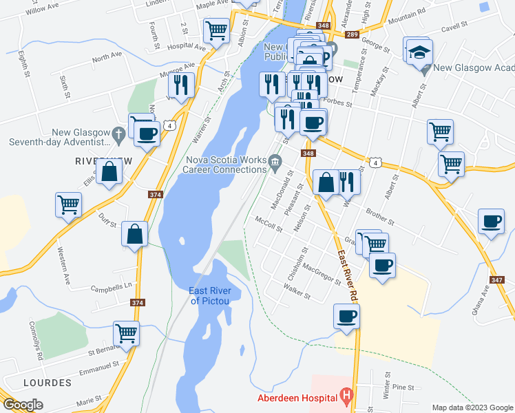 map of restaurants, bars, coffee shops, grocery stores, and more near 448 Stewart Street in New Glasgow