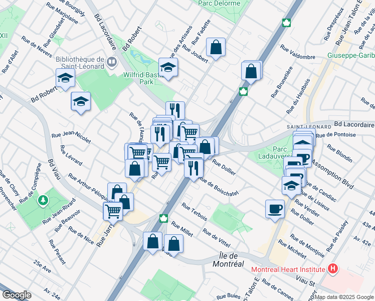 map of restaurants, bars, coffee shops, grocery stores, and more near in Montreal