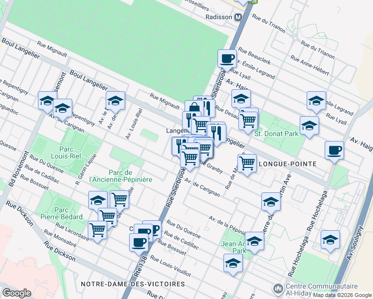 map of restaurants, bars, coffee shops, grocery stores, and more near 6465 Rue Sherbrooke Est in Montréal