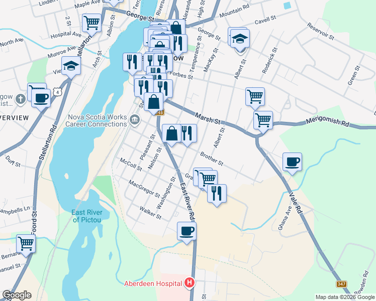 map of restaurants, bars, coffee shops, grocery stores, and more near 376 Washington Street in New Glasgow